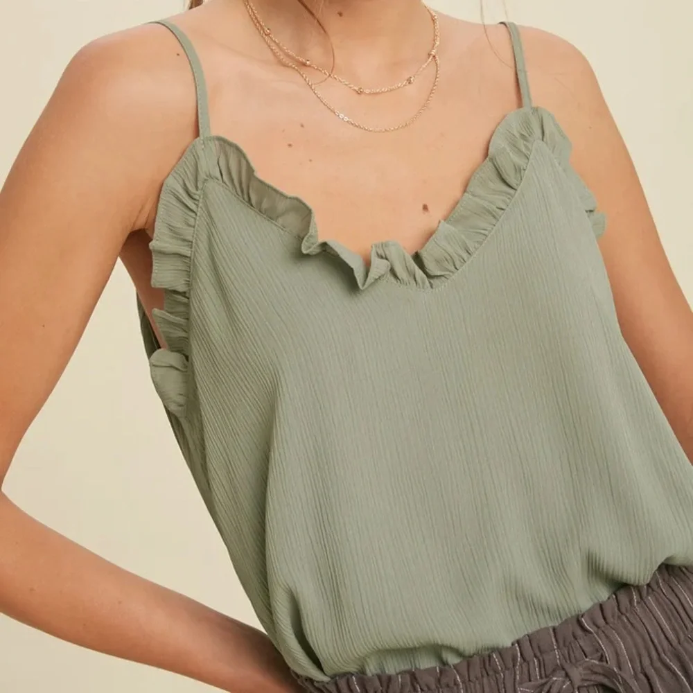Sage Green Ruffle V-Neck Spaghetti Strap Camisole - Picture 1 of 5